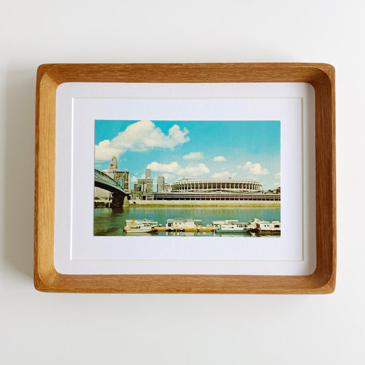framed cincinnati ohio riverfront stadium with boats vintage postcard