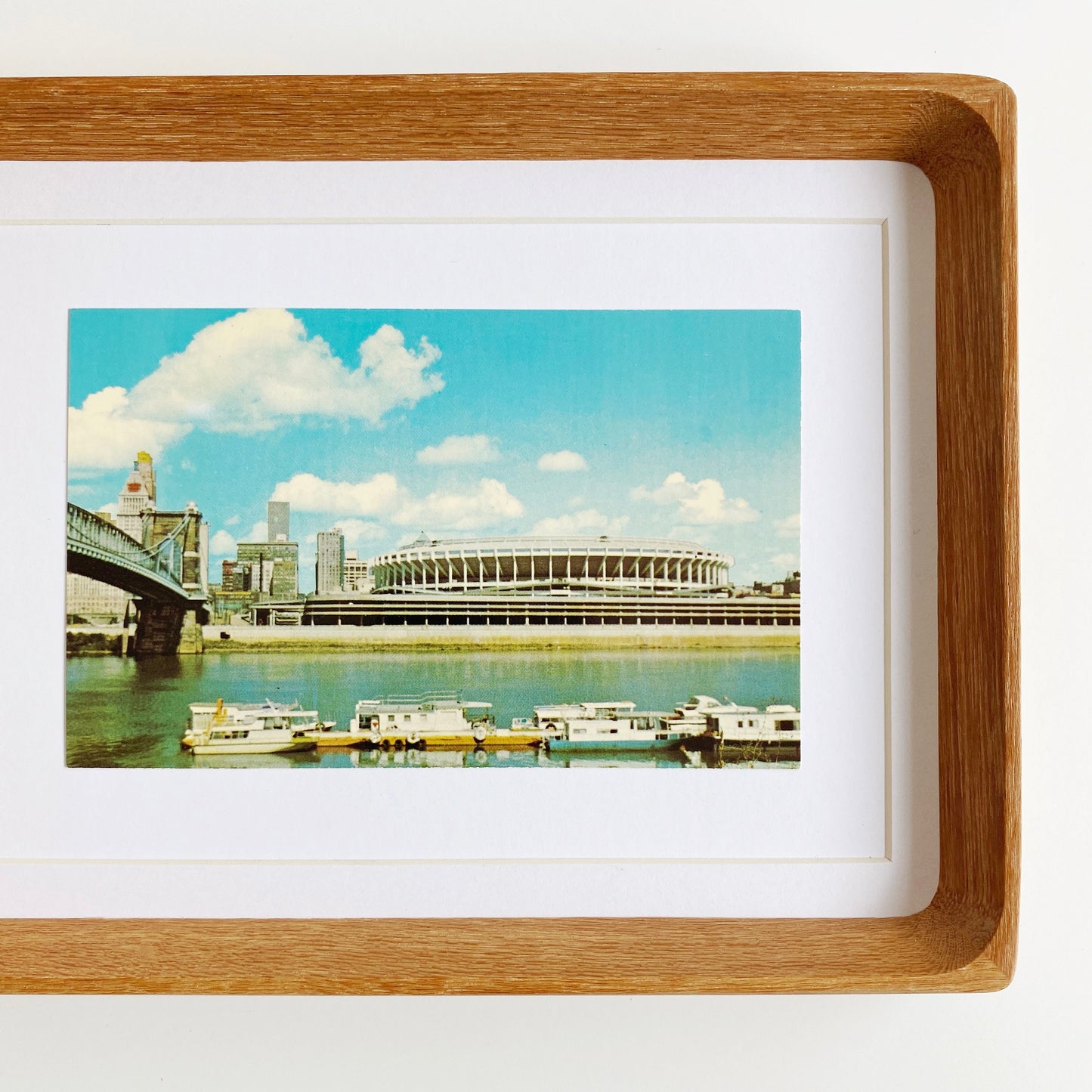 framed cincinnati ohio riverfront stadium with boats vintage postcard