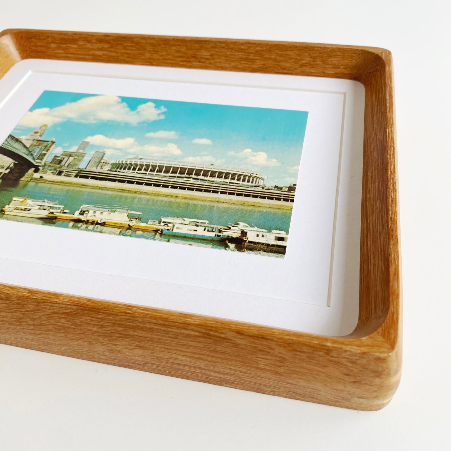 framed cincinnati ohio riverfront stadium with boats vintage postcard
